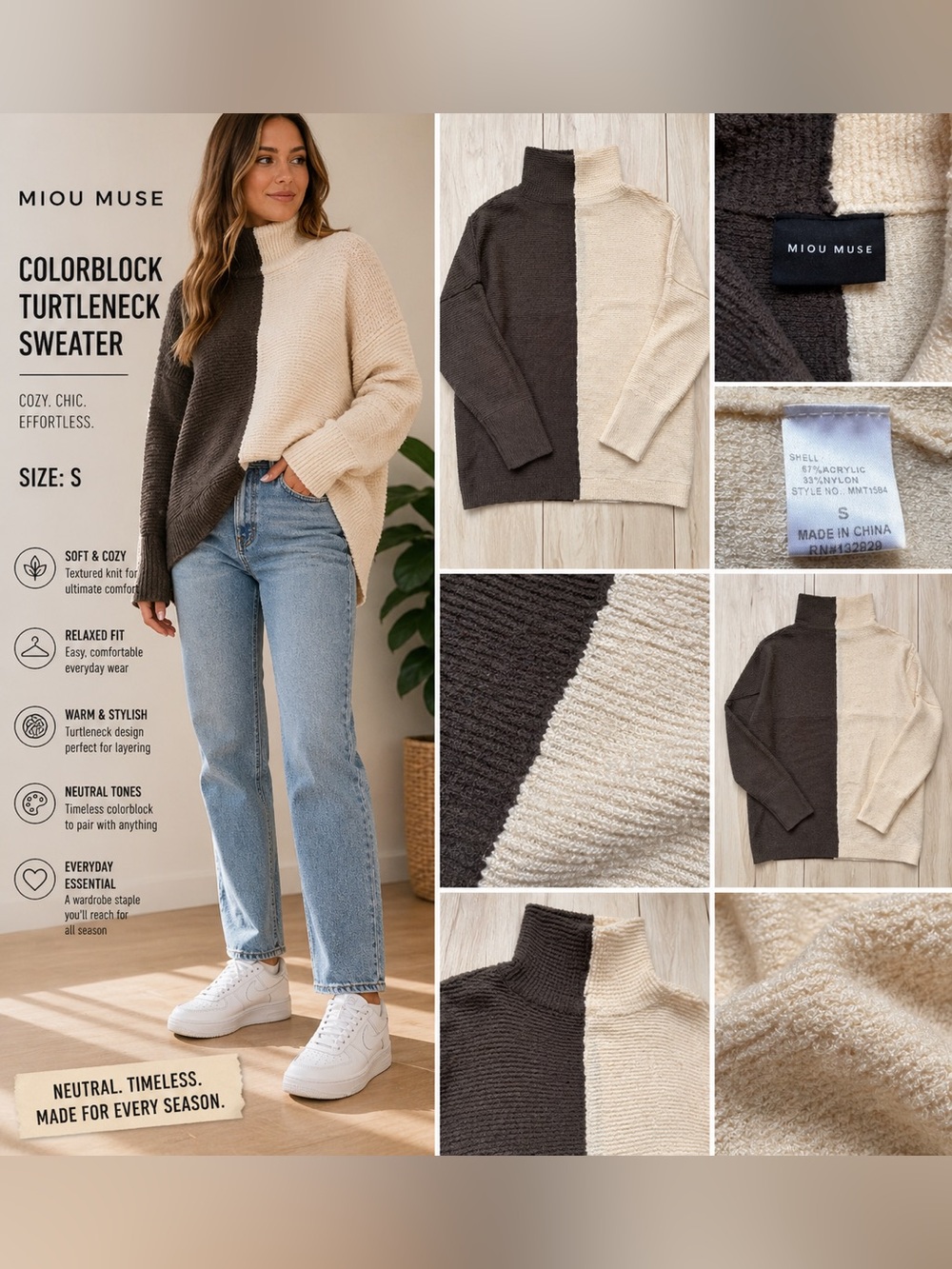 Miou Muse Colorblock Turtleneck Sweater Brown Cream Size Small Cozy Textured